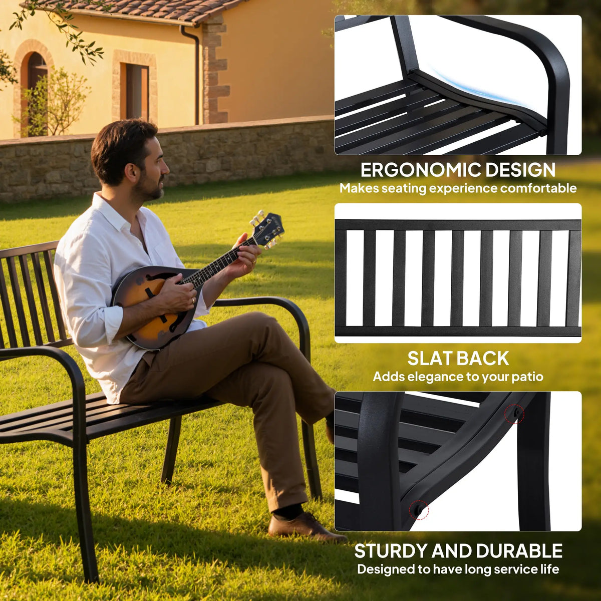 50" Steel Garden Bench Patio Chair Outdoor Seat, Black Outdoor Benches at Gallery Canada