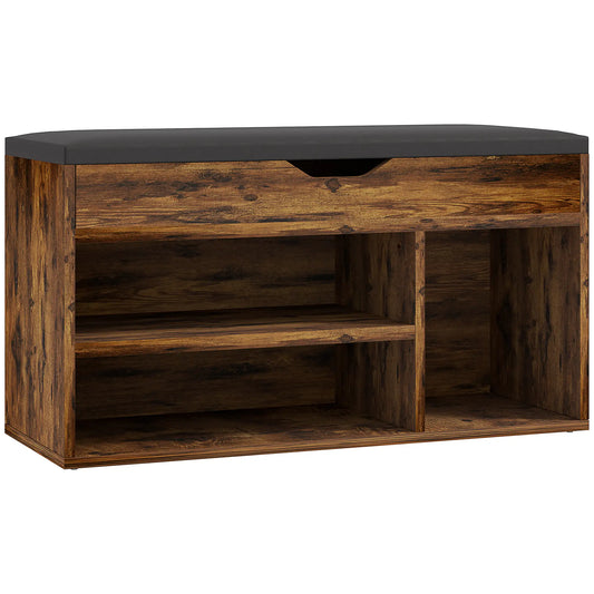 Banc à chaussures avec coussin rembourré, rangement caché, marron rustique