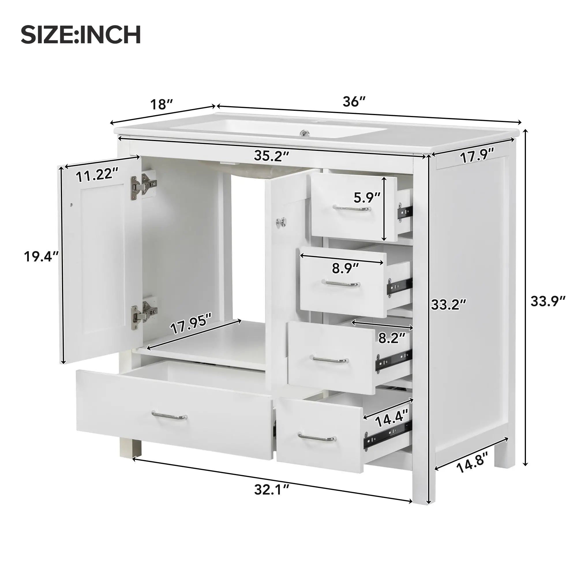 Bathroom Vanity, Ceramic Sink, 2 Soft Close Doors, 5 Drawers, 36