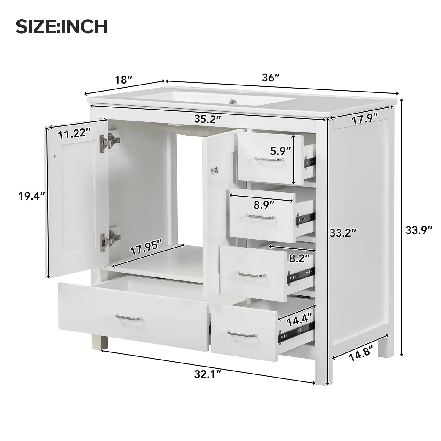 Bathroom Vanity, Ceramic Sink, 2 Soft Close Doors, 5 Drawers, 36" L x 18" W x 34" H, White Sink Cabinets at Gallery Canada