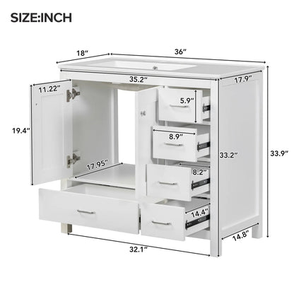 Bathroom Vanity, Ceramic Sink, 2 Soft Close Doors, 5 Drawers, 36" L x 18" W x 34" H, White Sink Cabinets at Gallery Canada