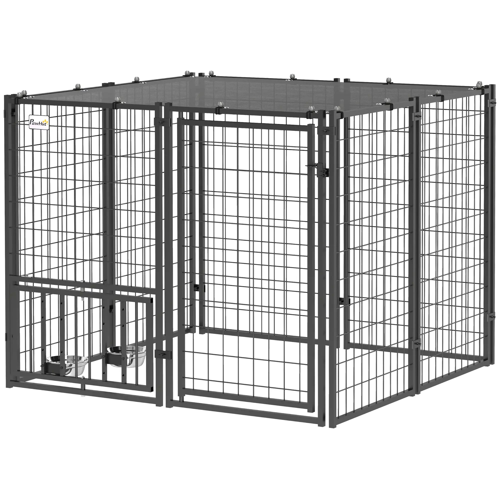 Outdoor Dog Run, Adjustable Rotatable Bowls, Sun-Shade Cover, 4.6' x 4.6' x 3.7' Houses, Kennels & Pens Black at Gallery Canada