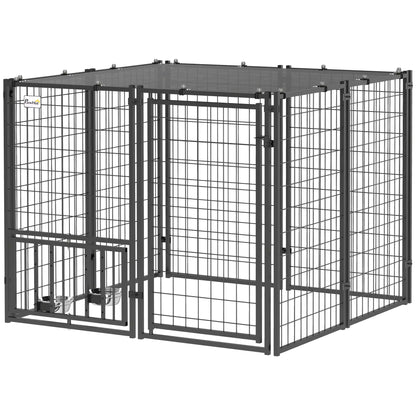 Outdoor Dog Run, Adjustable Rotatable Bowls, Sun-Shade Cover, 4.6' x 4.6' x 3.7' Houses, Kennels & Pens Black at Gallery Canada