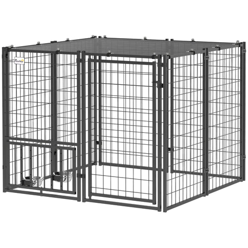 Outdoor Dog Run, Adjustable Rotatable Bowls, Sun-Shade Cover, 4.6' x 4.6' x 3.7'