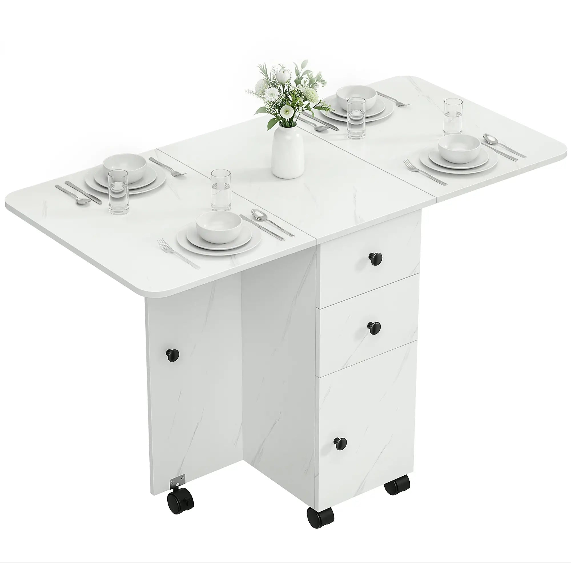 Drop Leaf Dining Table, Mobile Folding Table With Drawers, Marble White, White Dining Tables Marble White at Gallery Canada