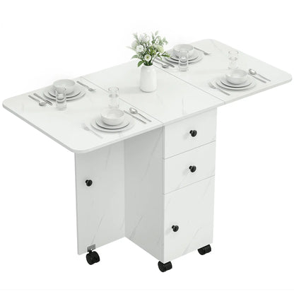 Drop Leaf Dining Table, Mobile Folding Table With Drawers, Marble White, White Dining Tables Marble White at Gallery Canada