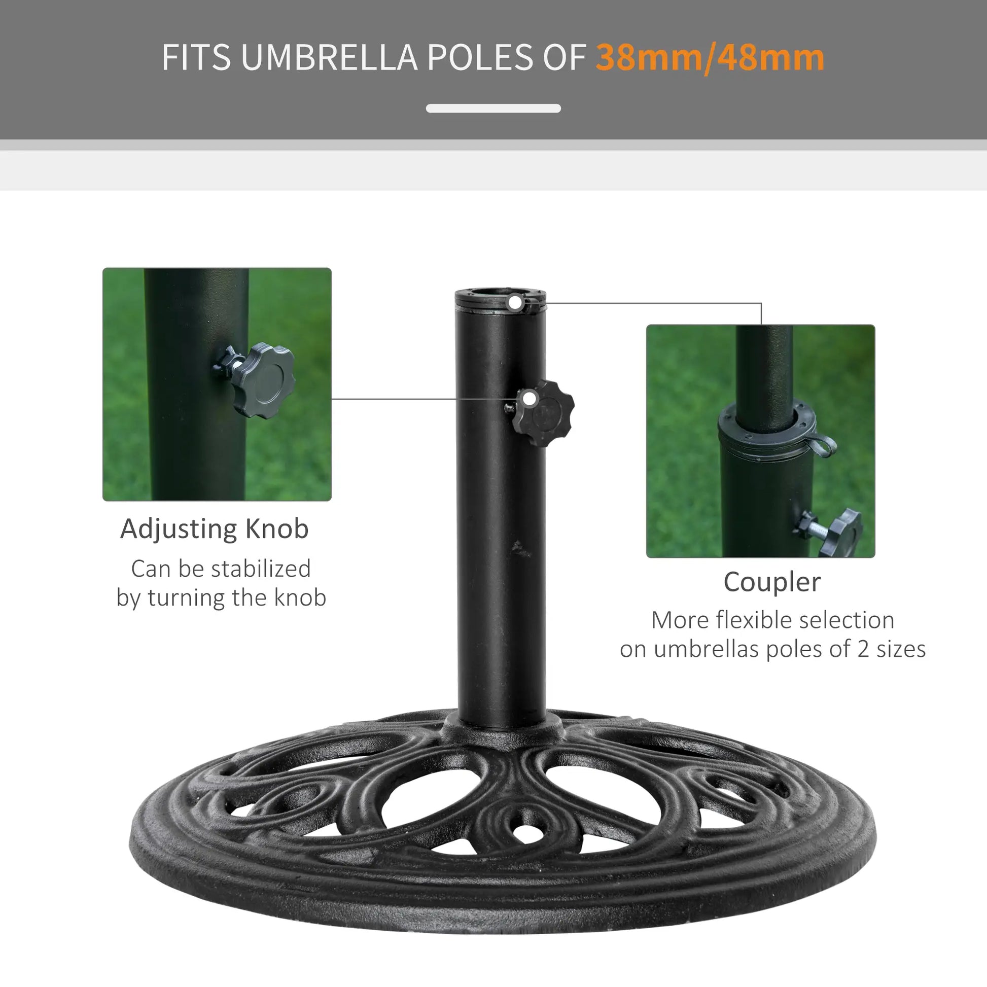 Round Cast Iron Umbrella Base Stand, Outdoor Patio Garden, Fits 1.5" Pole, Black Umbrella Bases at Gallery Canada
