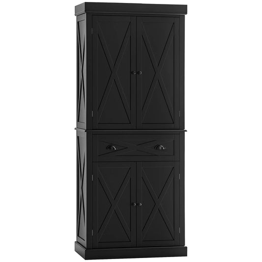 72.5" Kitchen Pantry Cabinet, 4 Doors, Drawer, Adjustable Shelves, Black Kitchen Pantry Cabinets Black at Gallery Canada