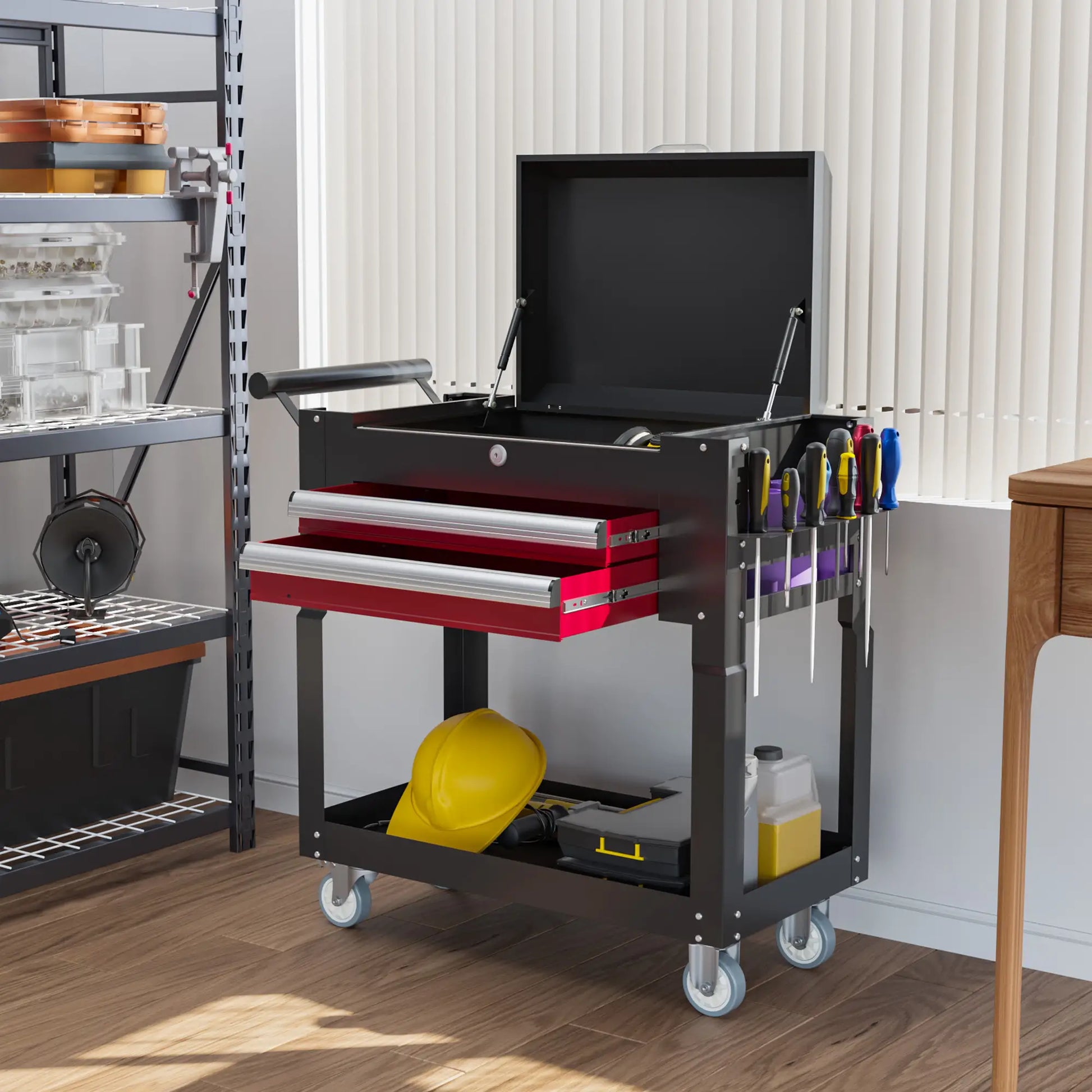 Tool Cart on Wheels, 2 Drawers, Lockable Flip Top, Black Tool Organizers at Gallery Canada