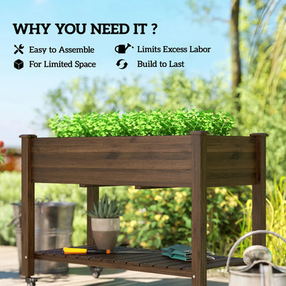 Mobile Raised Garden Bed, Elevated Wood Planter Box, Lockable Wheels, Storage Shelf, Carbonized
