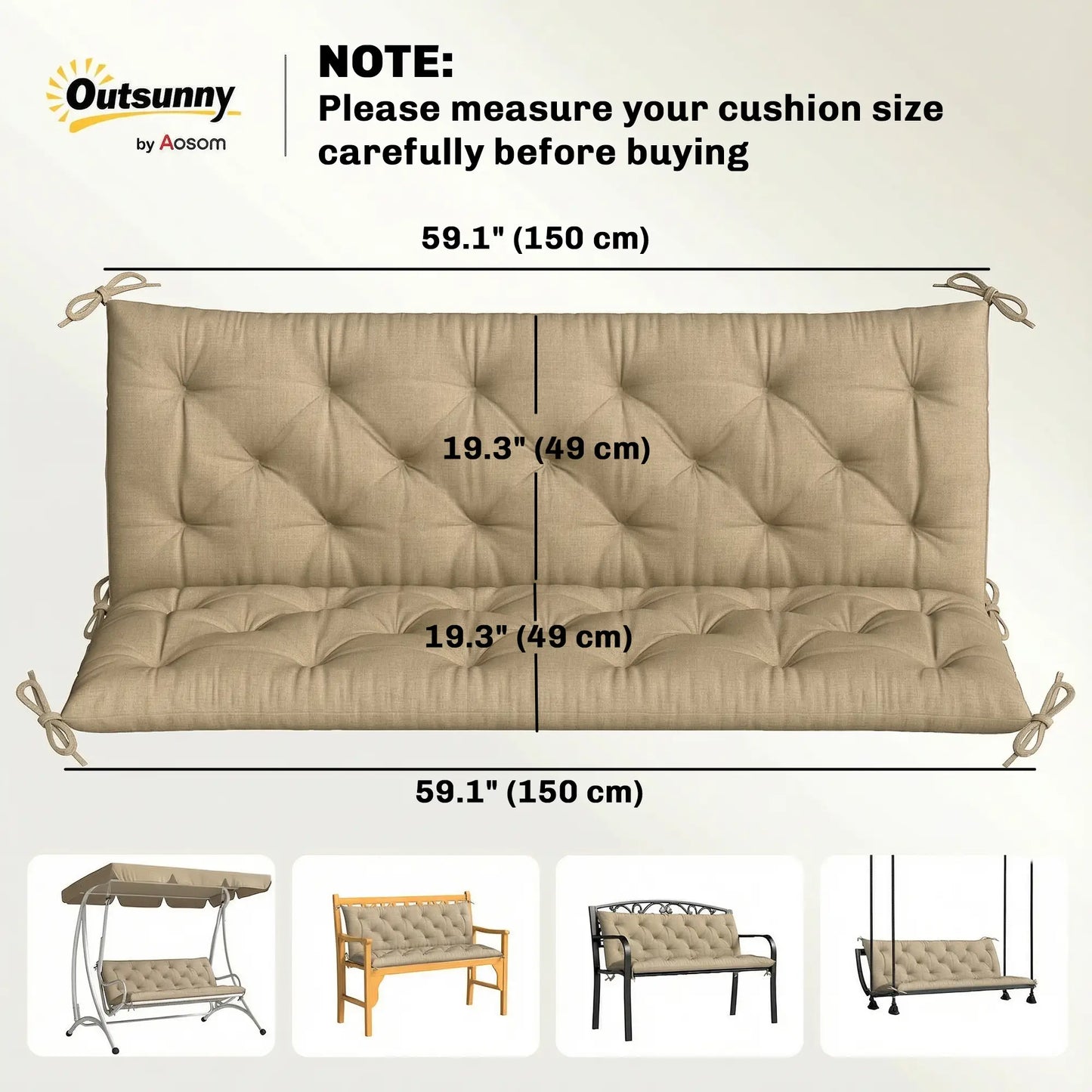3-Seater Bench Swing Replacement Cushions, Patio Garden, Beige Patio Chair Cushions at Gallery Canada