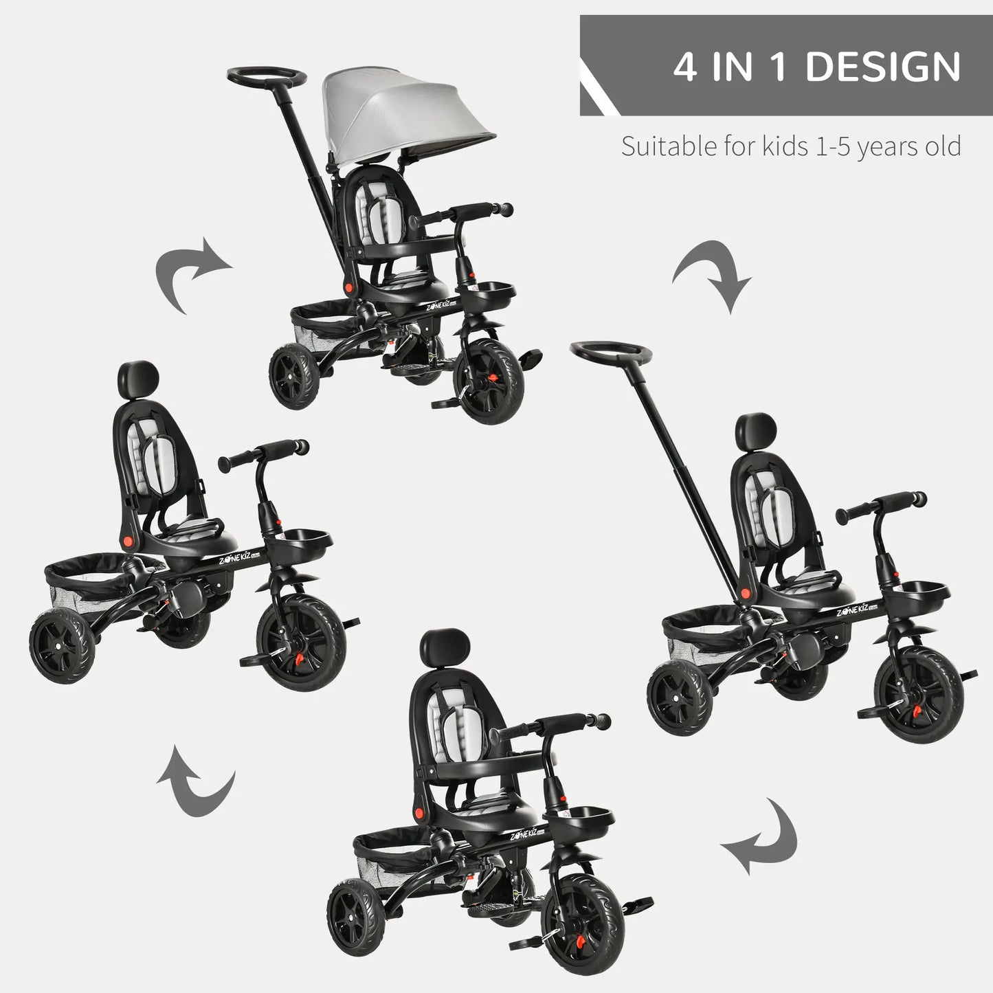 Toddler Tricycle, 4 in 1 Kids Trike, Adjustable Seat, Removable Handle, Grey Tricycles for Kids at Gallery Canada