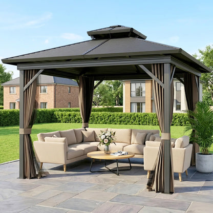 10' x 10' Hardtop Gazebo, Double Tier Metal Roof, Dark Brown Gazebos at Gallery Canada