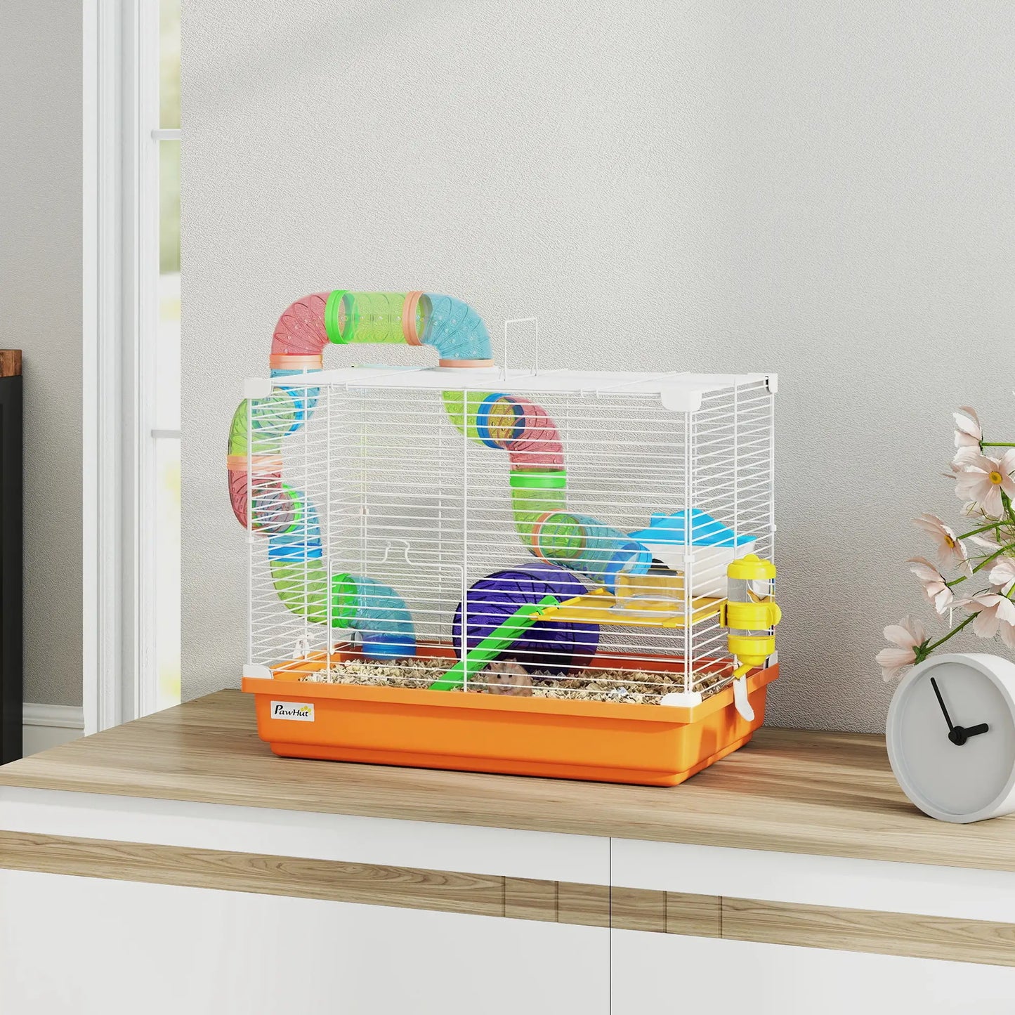 18"L Hamster Cage, 2-Level Small Animal House With Tube System, Orange
