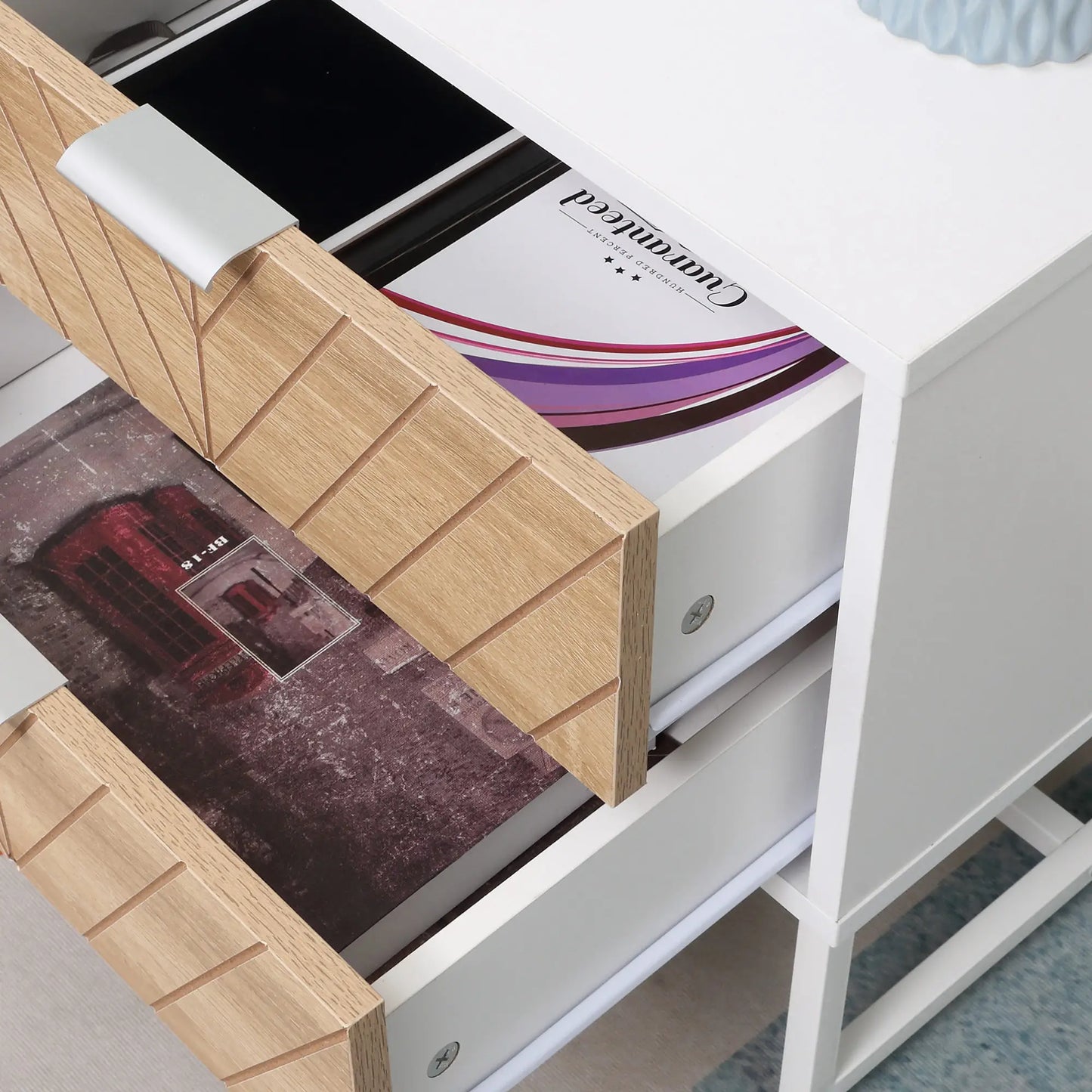 Modern Bedside Table, 2 Drawers, Steel Frame, Oak, White Bedside Tables at Gallery Canada