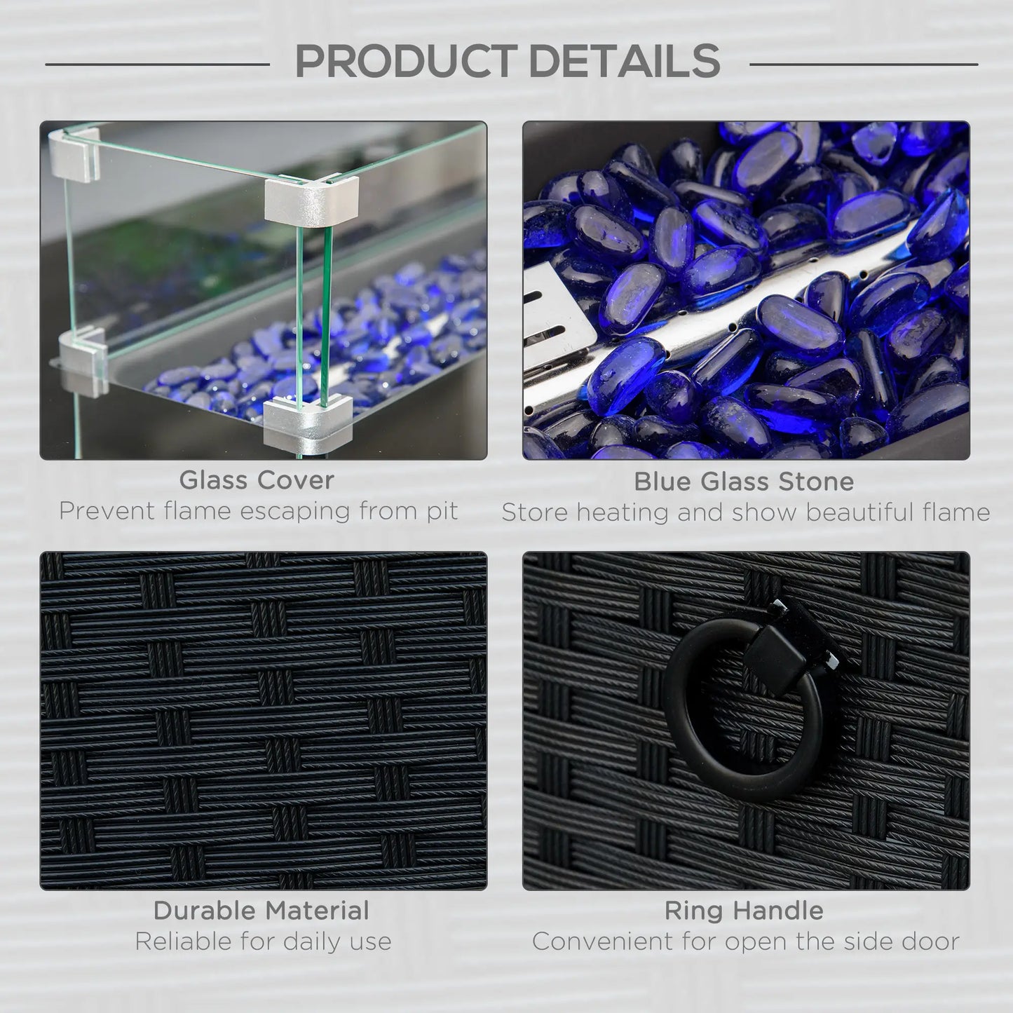 43in Propane Fire Pit Table, 50,000 BTU, Blue Glass Rock, Black Fire Pits at Gallery Canada