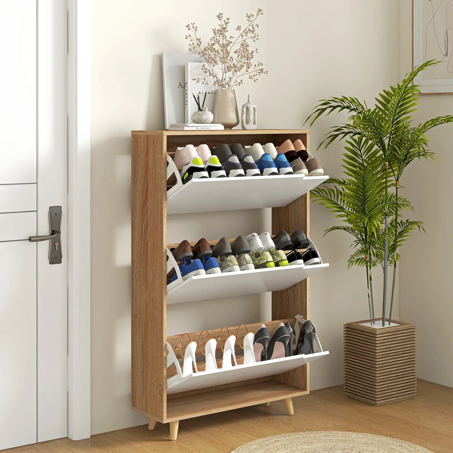 Slim Shoe Storage Cabinet, 3 Flip Drawers, Adjustable Shelves, 18-24 Pairs, White Shoe Storage Cabinets & Racks at Gallery Canada