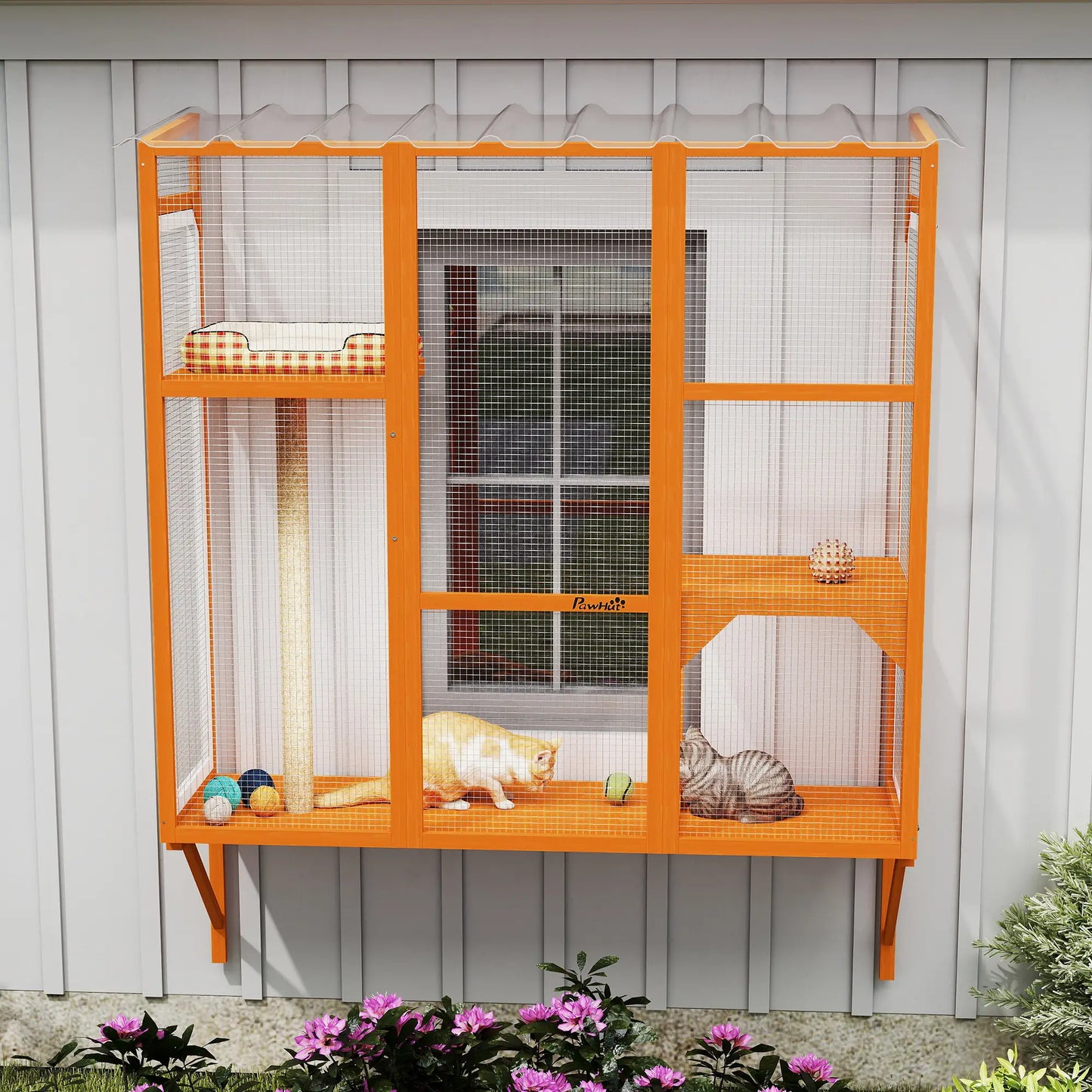 Wooden Catio Outdoor Enclosure, 2 Jumping Platforms, Scratching Post, Orange Outdoor Cat Enclosures at Gallery Canada