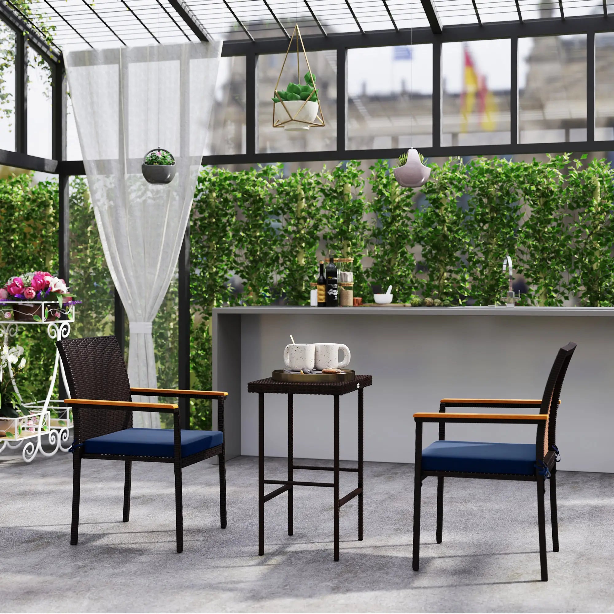 Stackable Wicker Patio Chairs, Set of 2, Removable Cushion, Armrest, Navy Blue Patio Chairs at Gallery Canada