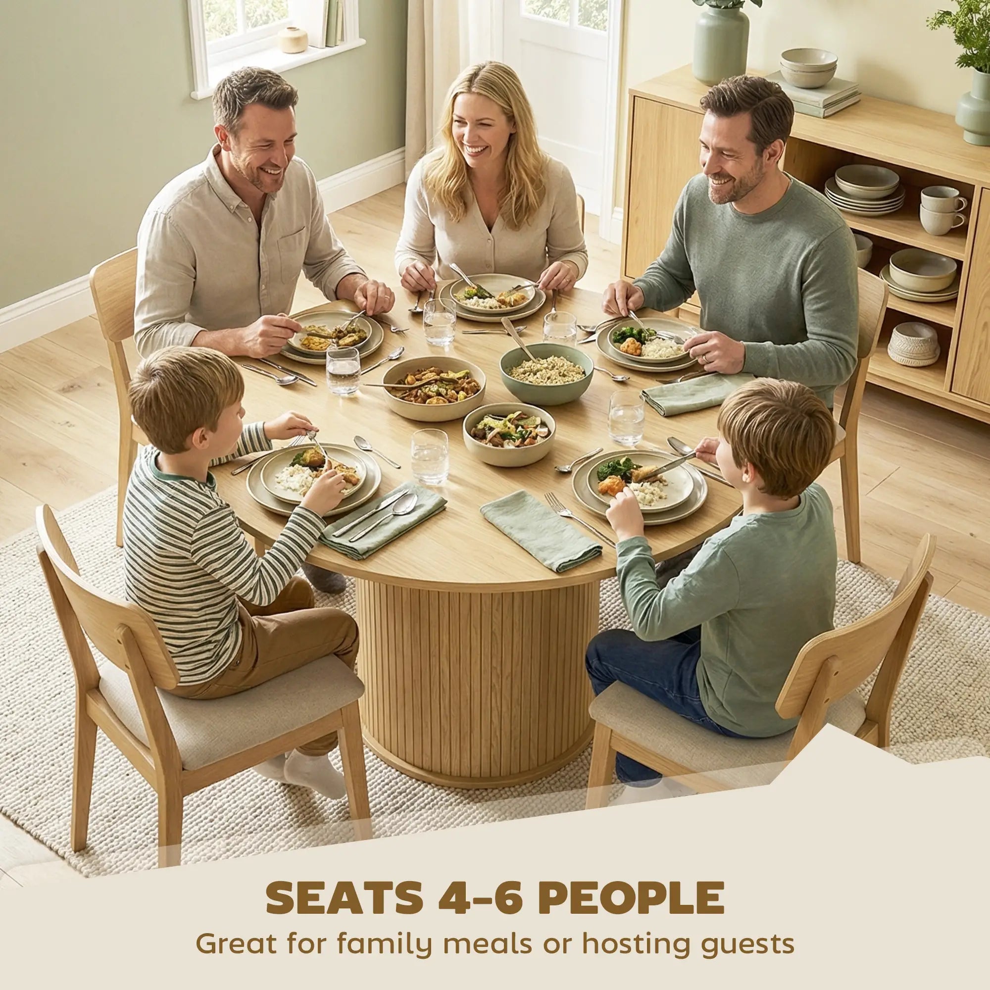 Round Dining Table For 5, 47 Inch, Fluted Pedestal Base, Natural Dining Tables at Gallery Canada