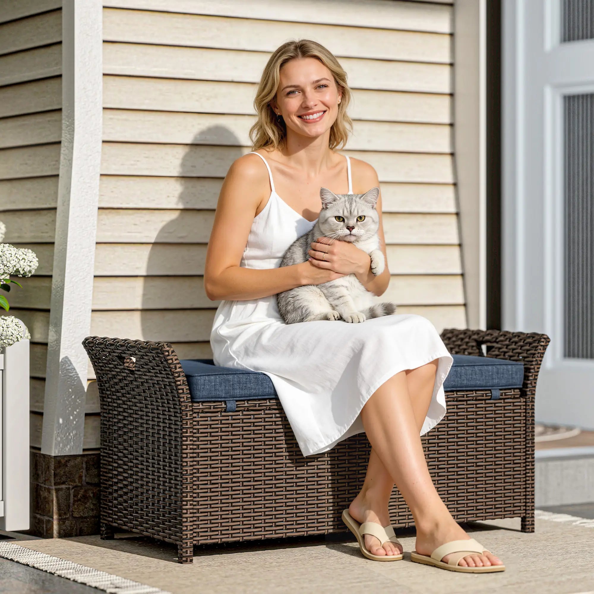 29 Gallon Wicker Deck Box, Outdoor Storage Bench, Navy Blue Patio Storage Boxes at Gallery Canada