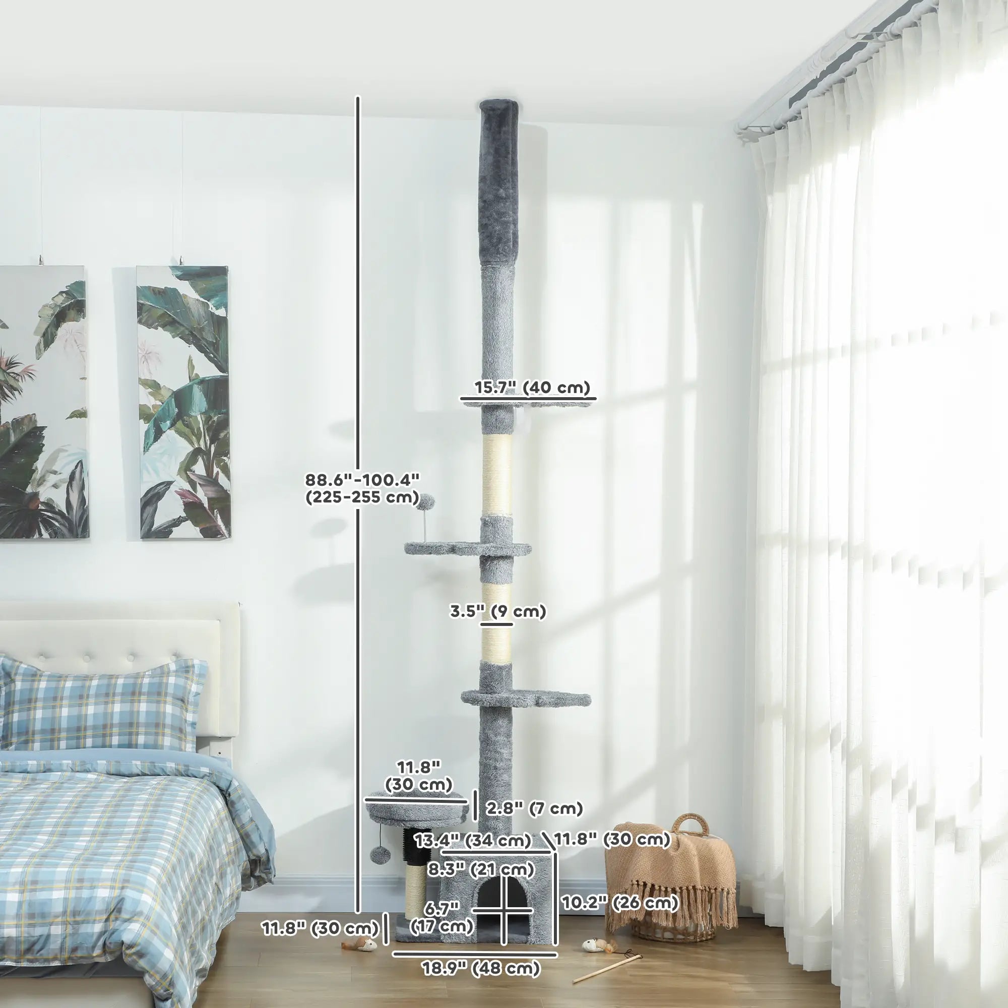 Floor to Ceiling Cat Tree, 4 Tiers, Adjustable Height 87-100