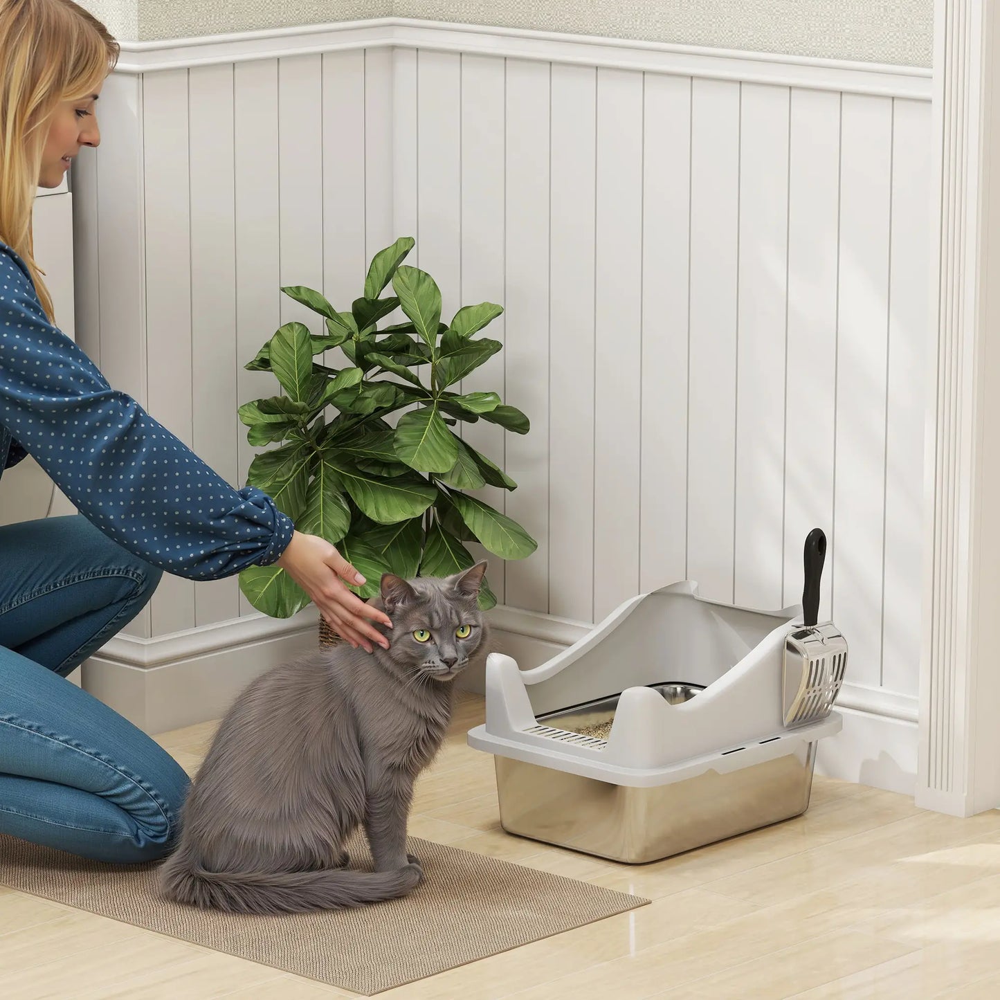 Stainless Steel Cat Litter Box, 17" x 13" x 10", Metal Scoop, Grey Cat Litter Box Enclosures at Gallery Canada