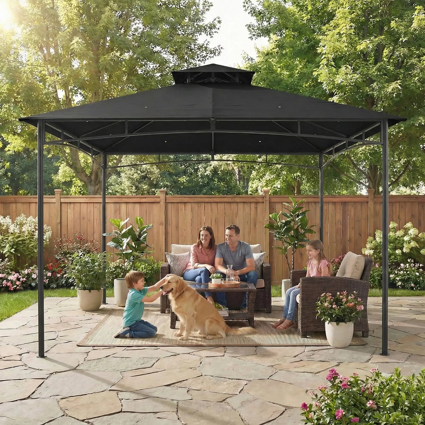10' x 10' Gazebo, Soft Top, 2-Tier Roof, Metal Frame, Black Gazebos at Gallery Canada