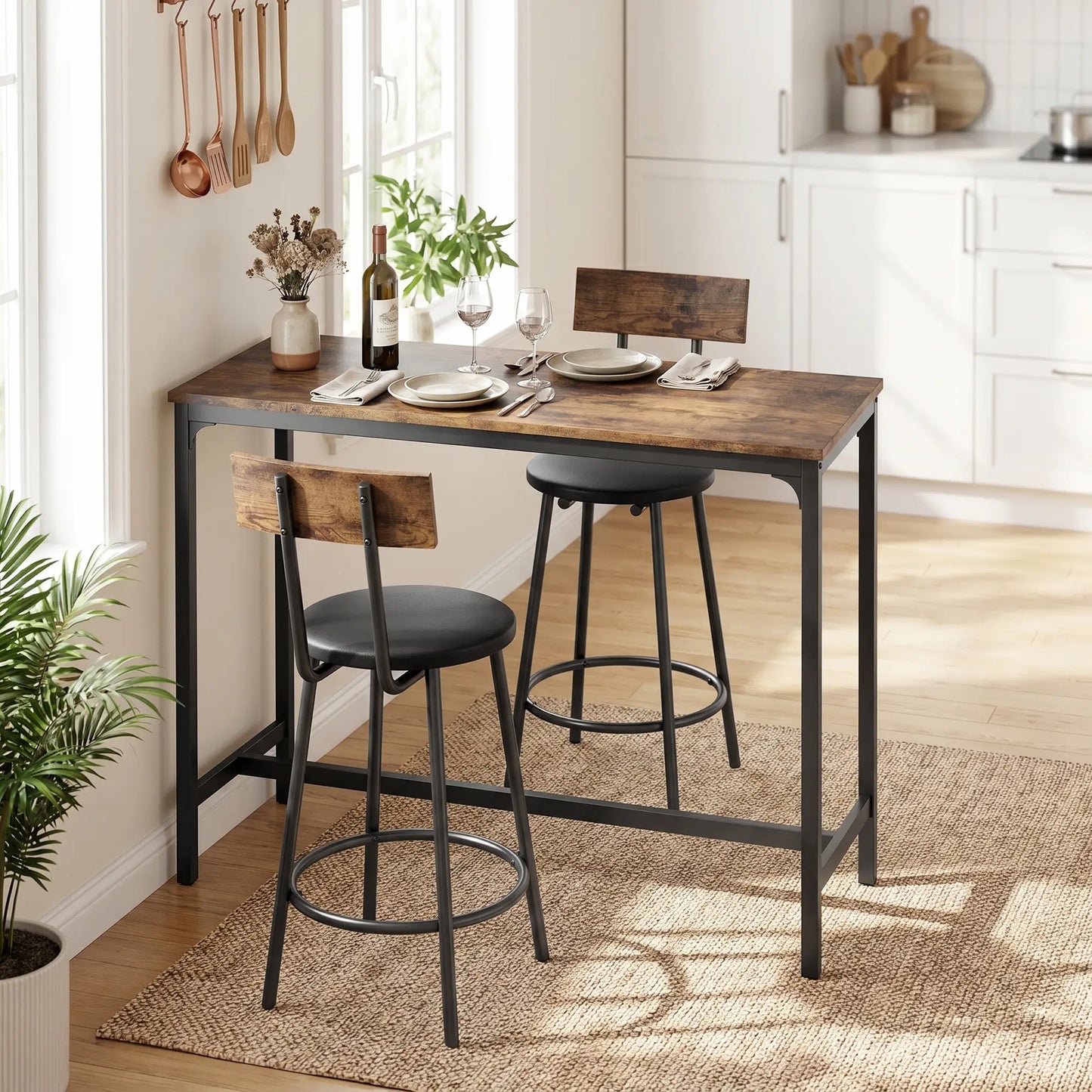 Bar Table Set With 2 Counter Height Barstools, Rustic Brown