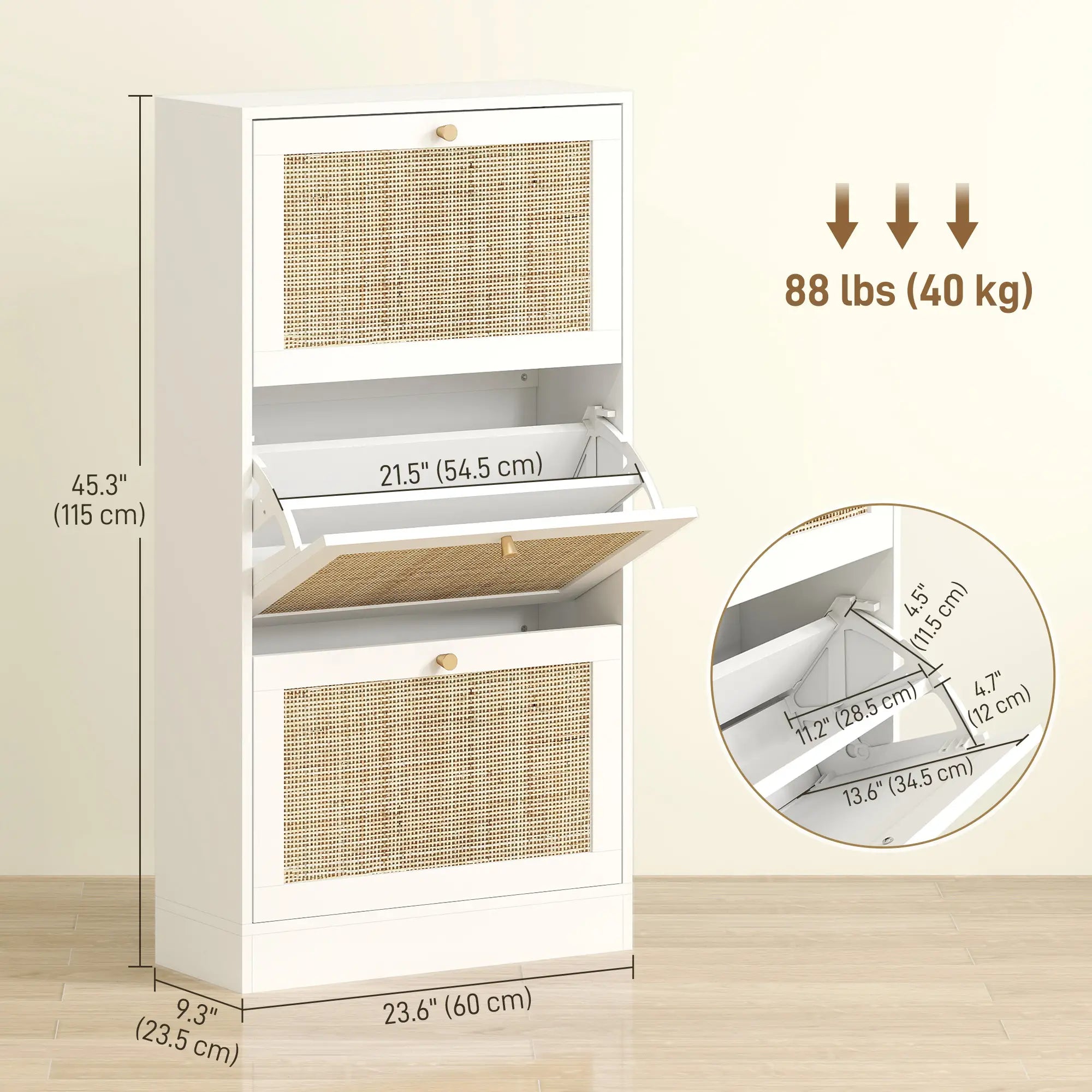 Rattan Shoe Storage Cabinet, 3 Flip Drawers, Adjustable Shelves, 18 Pairs, White Shoe Storage Cabinets & Racks at Gallery Canada