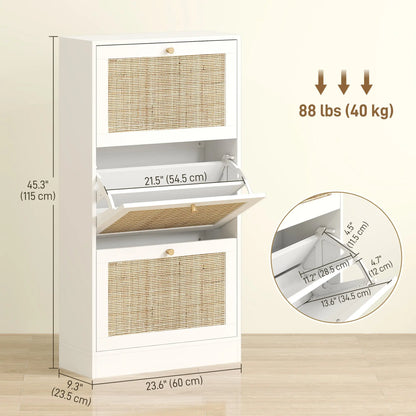 Rattan Shoe Storage Cabinet, 3 Flip Drawers, Adjustable Shelves, 18 Pairs, White Shoe Storage Cabinets & Racks at Gallery Canada