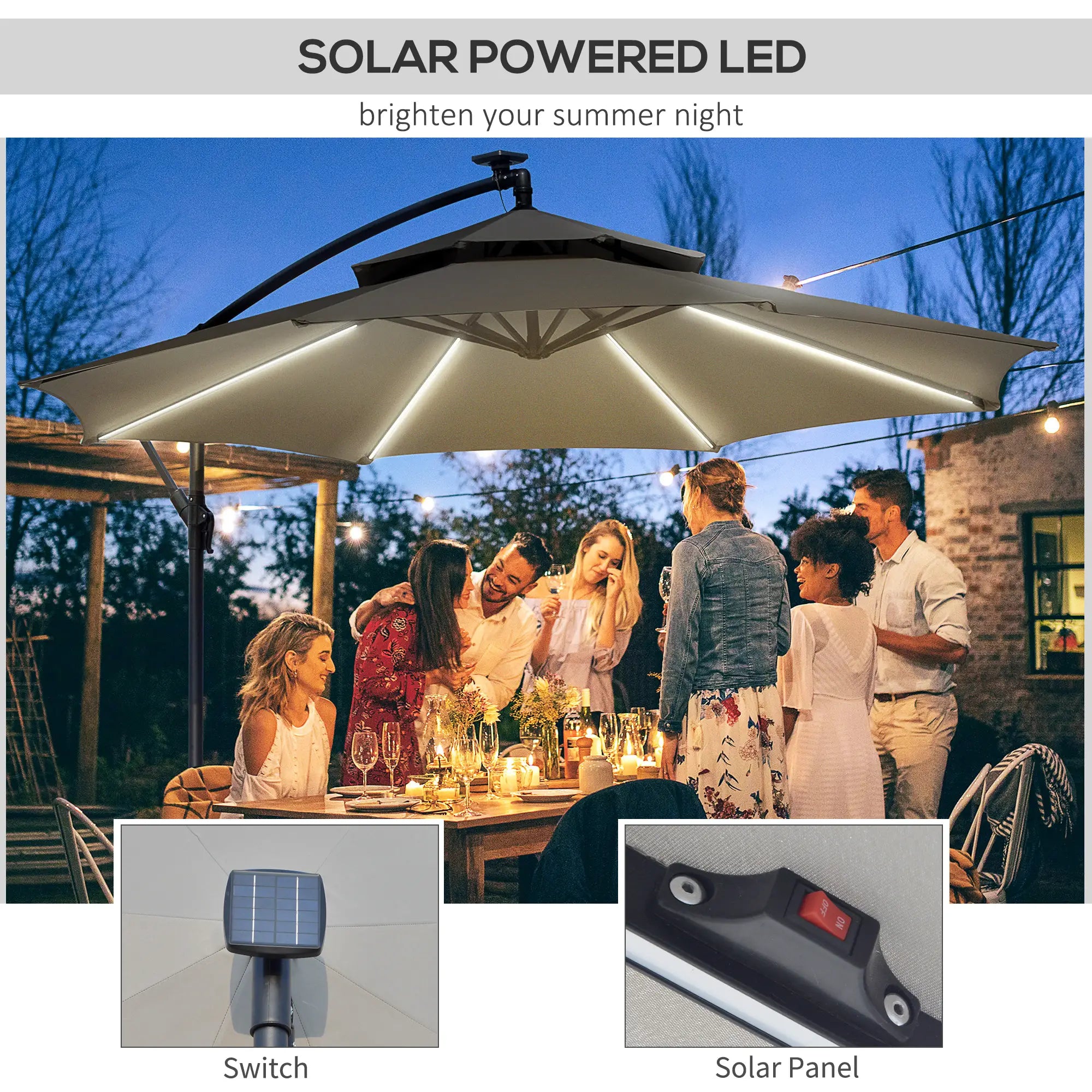 10FT Solar Cantilever Patio Umbrella with Lights, Crank, Cross Base, Light Grey Cantilever Umbrellas at Gallery Canada