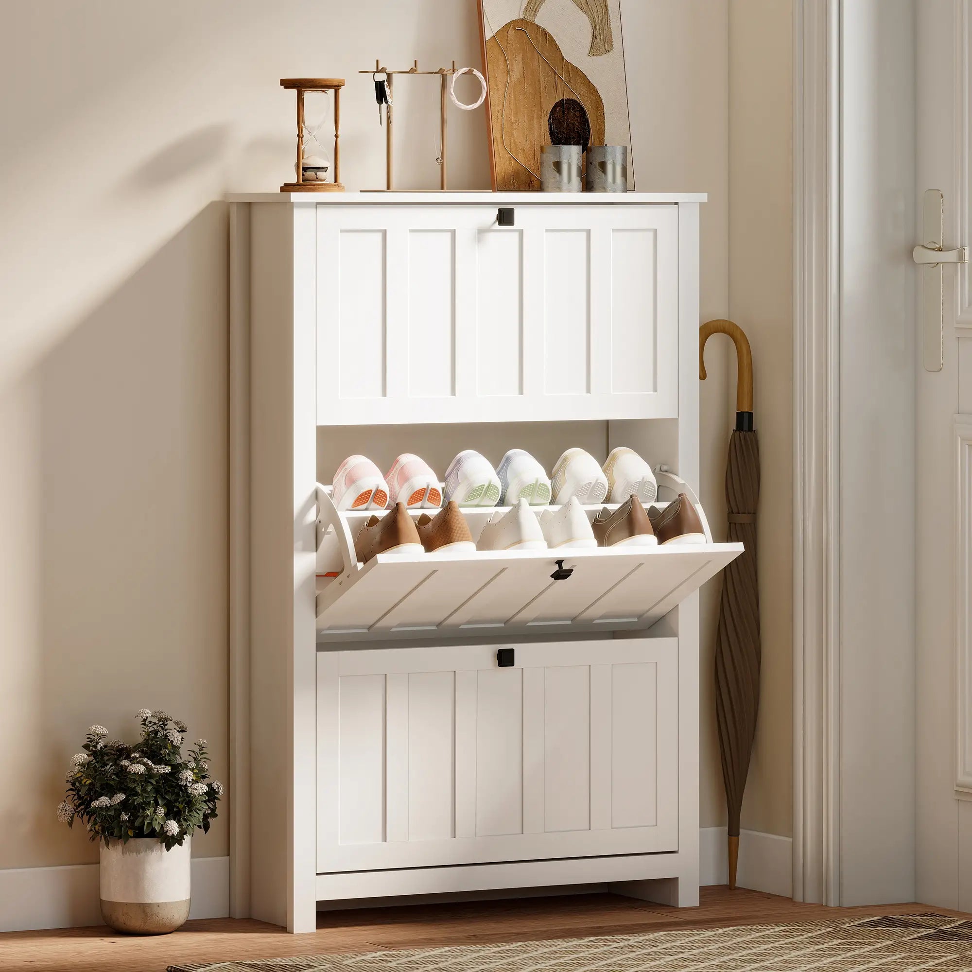 Slim Shoe Cabinet, 3 Flip Drawers, Adjustable Shelves, Holds 18 Pairs, White Shoe Storage Cabinets & Racks at Gallery Canada