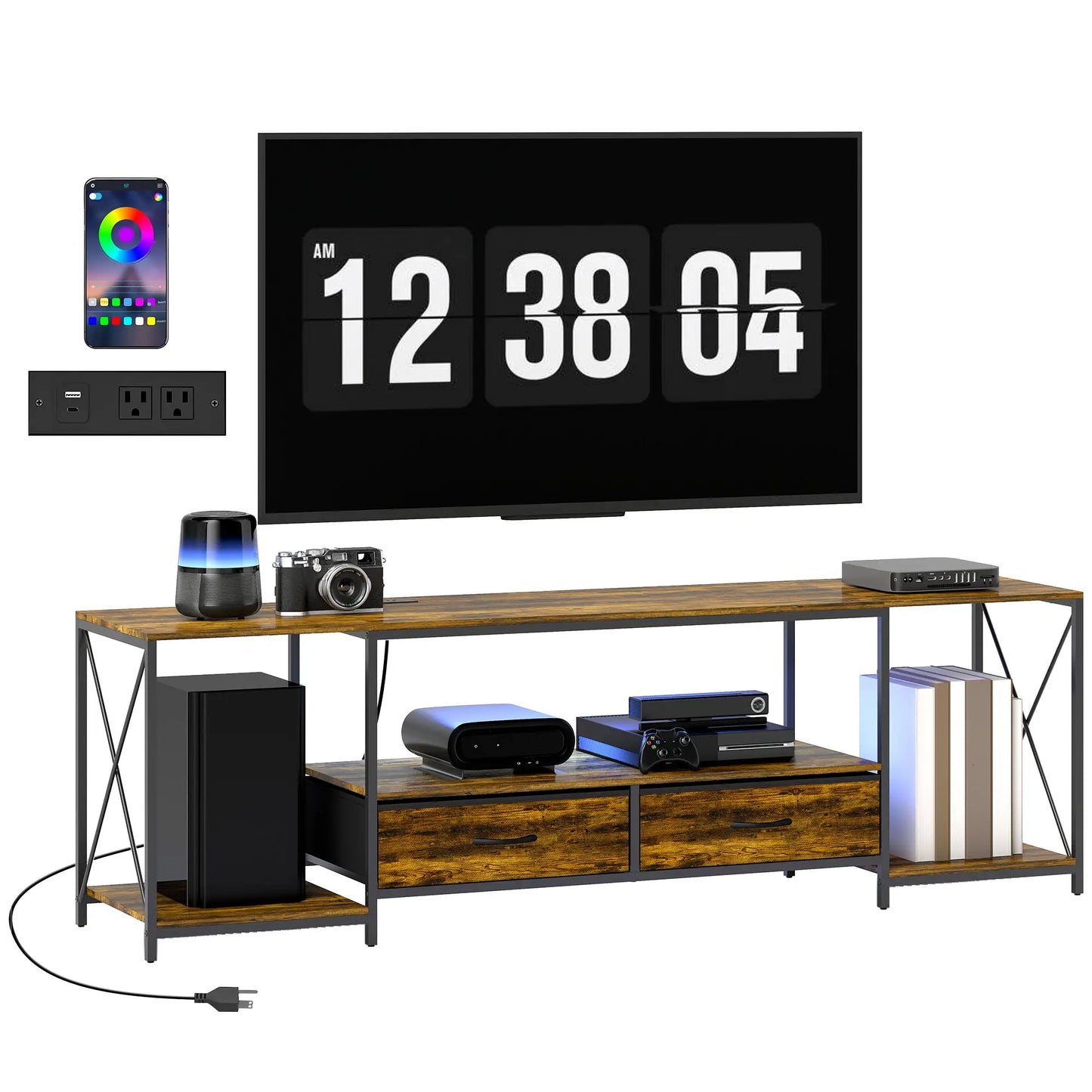 Industrial TV Stand For 60 Inch TV, Rustic Brown, With Charging Station And RGB LED Lights, Brown TV Stands at Gallery Canada