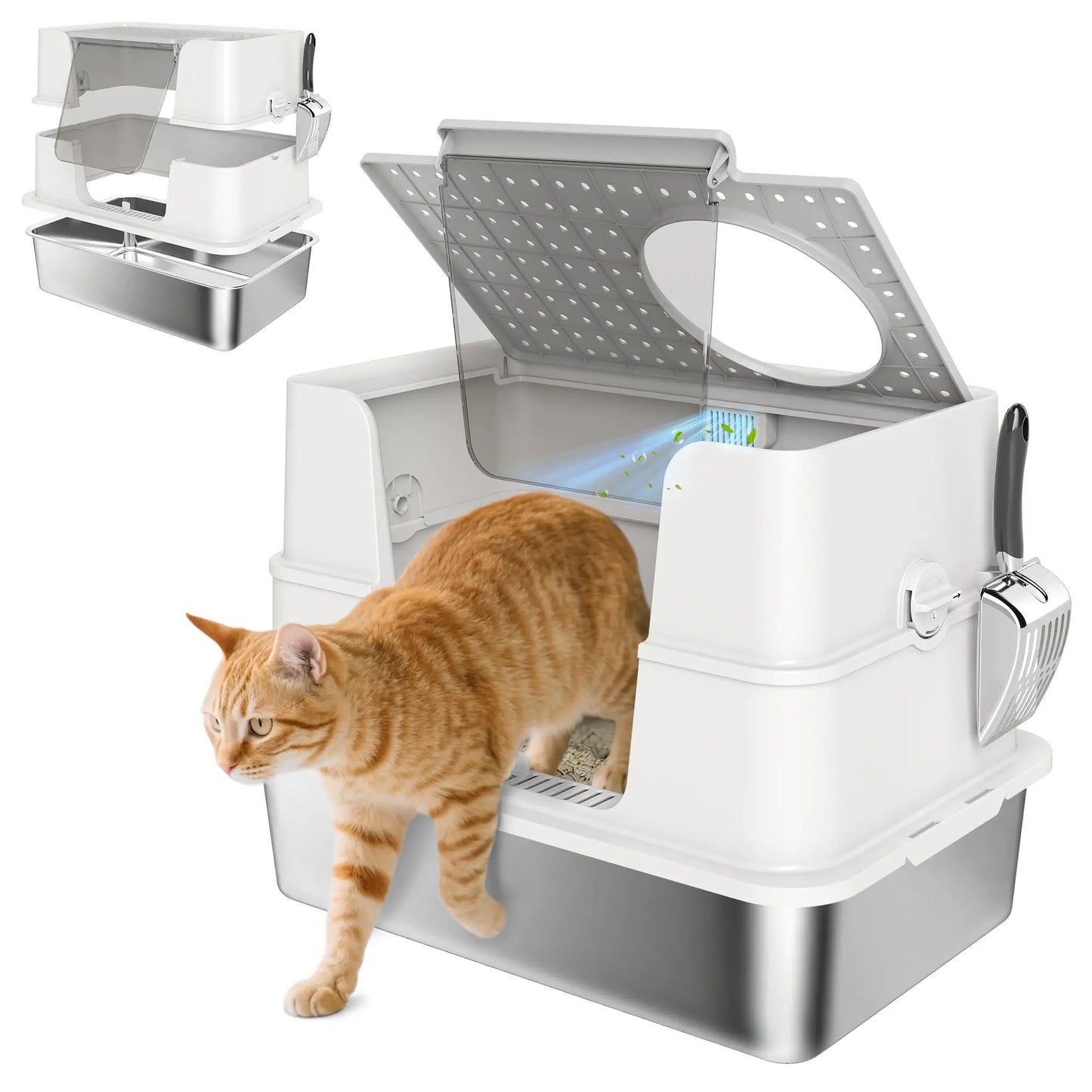 XL Stainless Steel Litter Box, 100° Flip Top, Scoop, Dual Entry, Odor Free Cat Litter Box Enclosures at Gallery Canada