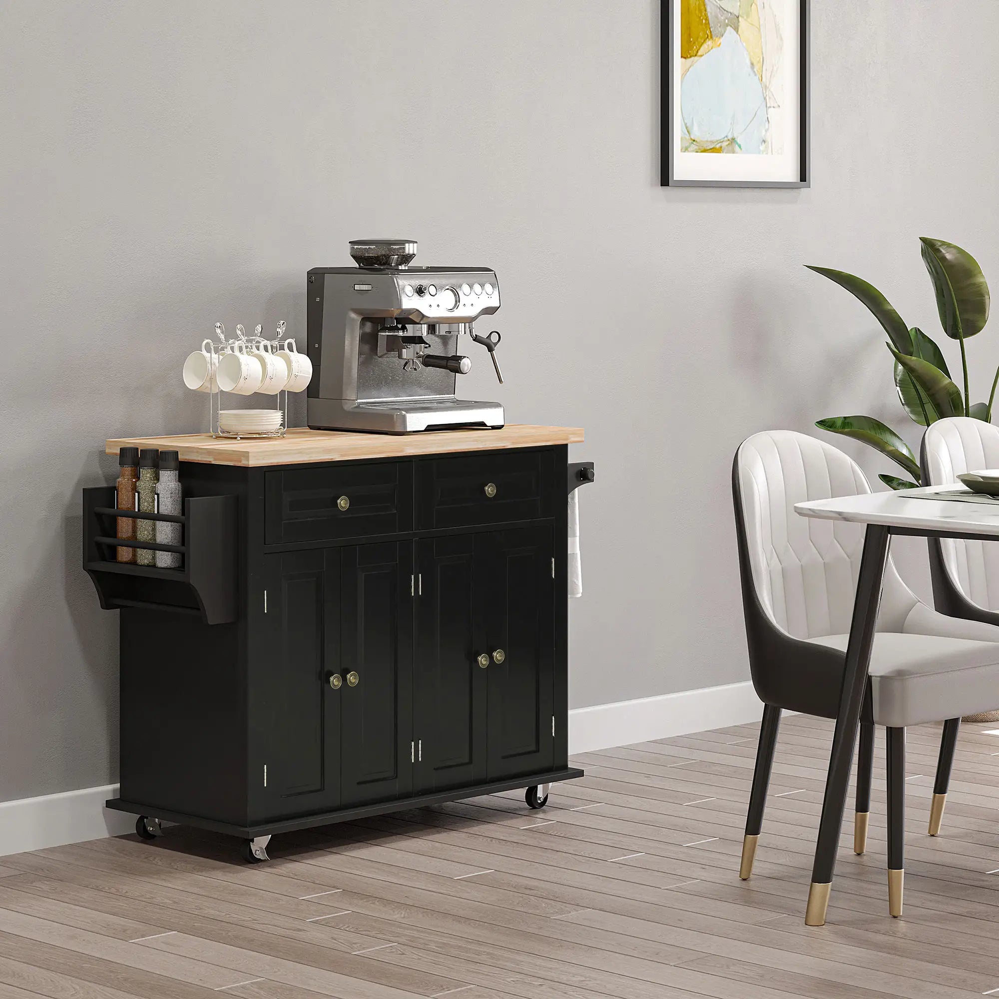 Kitchen Island with Storage, Rolling Trolley Cart with Rubber Wood Top, Spice Rack, Towel Rack, Black Kitchen Islands & Kitchen Carts at Gallery Canada