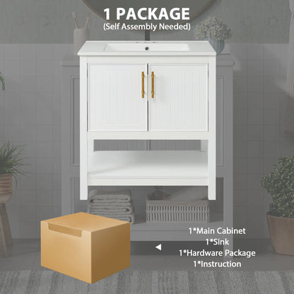 Bathroom Vanity with Ceramic Sink, Gold Handles, Soft Close Doors, 30" L x 18.5" W x 34" H, White Sink Cabinets at Gallery Canada
