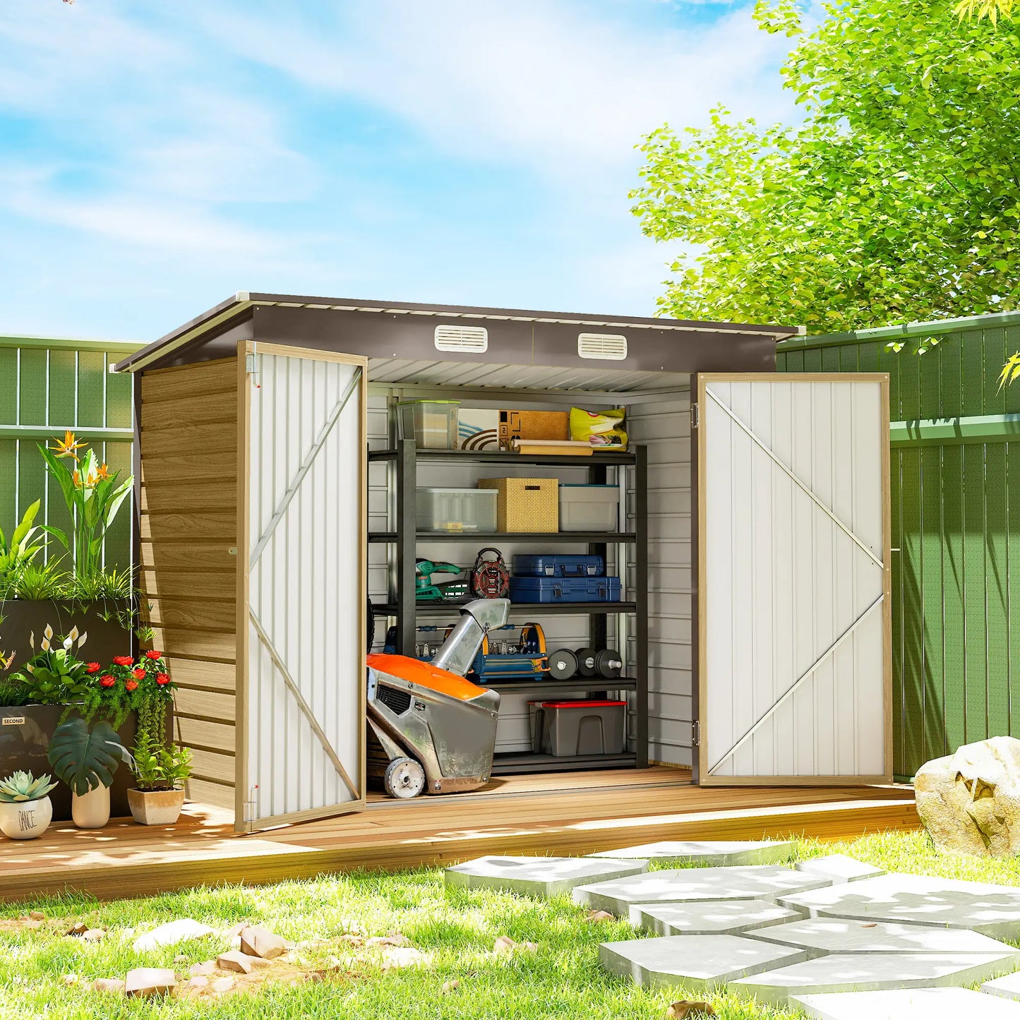8x4FT Galvanized Metal Garden Storage Shed, Double Doors, 2 Vents, Oak