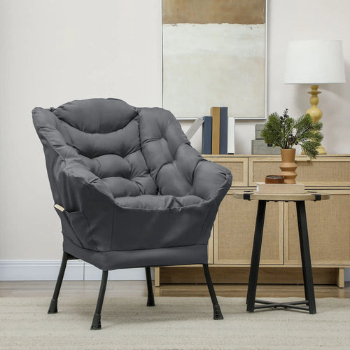Modern Accent Chair, Armchair with Side Pockets, Steel Legs, Grey
