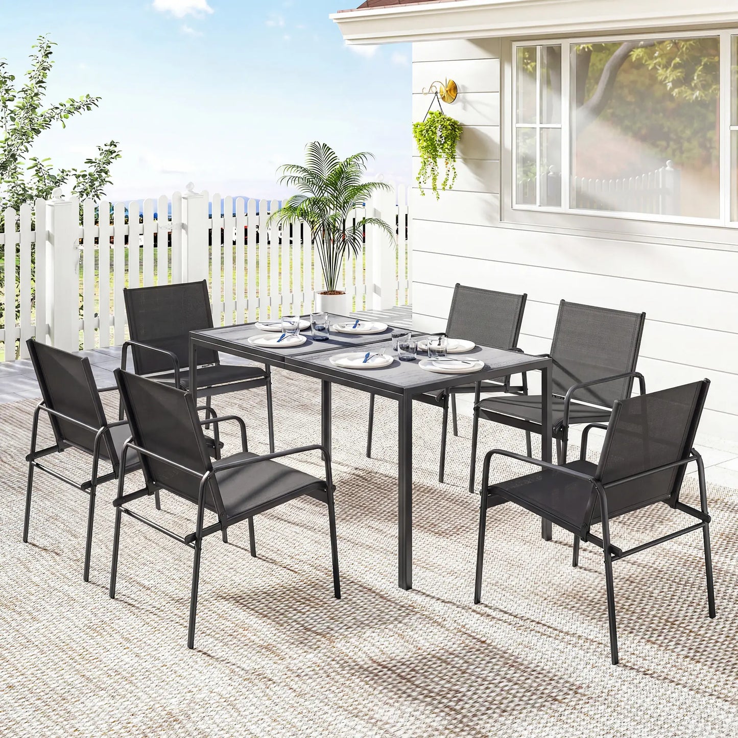 Outdoor Dining Set For 6, Faux Wood Patio Table And Chairs, Black Outdoor Dining Sets at Gallery Canada