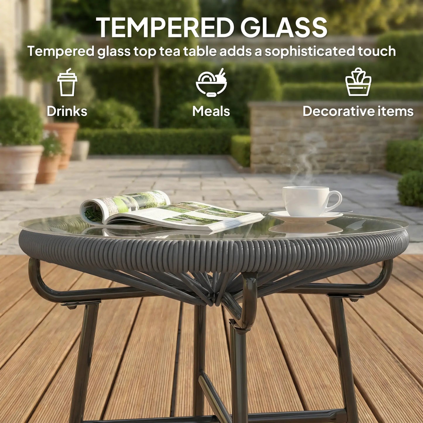 Round Outdoor Rattan Side Table, Tempered Glass Top, Dark Grey Patio Side Tables at Gallery Canada