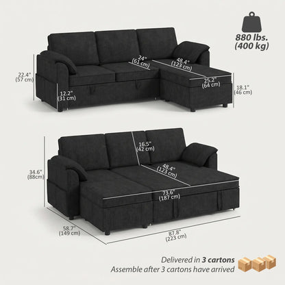 Reversible Sectional Sofa Bed With Storage Ottoman, Black