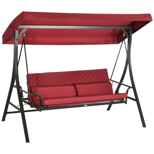 3 Person Porch Swing Bed, Outdoor Patio Chair with Canopy, Cushions, Red