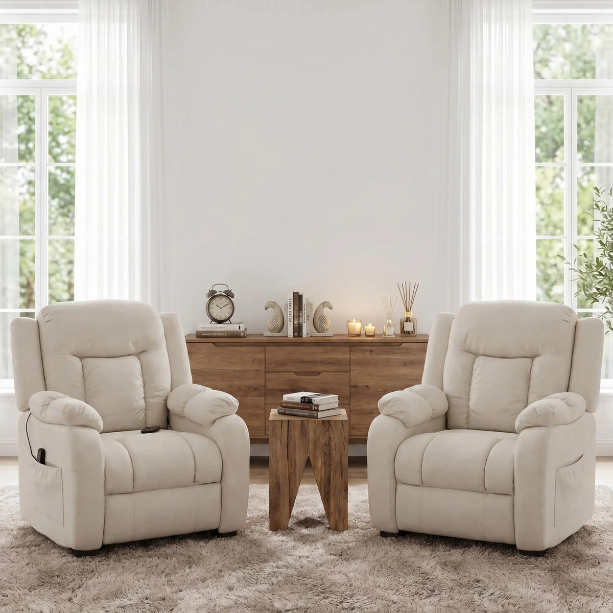 Massage Recliner Chair, Quiet Brushless Motor, Pet-Friendly Fabric, 2 Memory Positions, Cream White Single Sofas at Gallery Canada