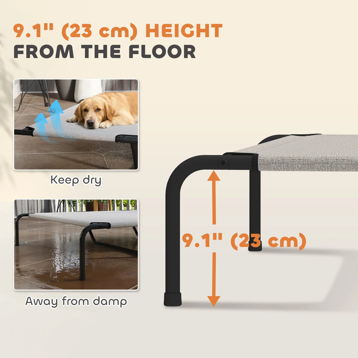 Large Dog Bed, Elevated Outdoor Cot, Breathable Mesh, Beige