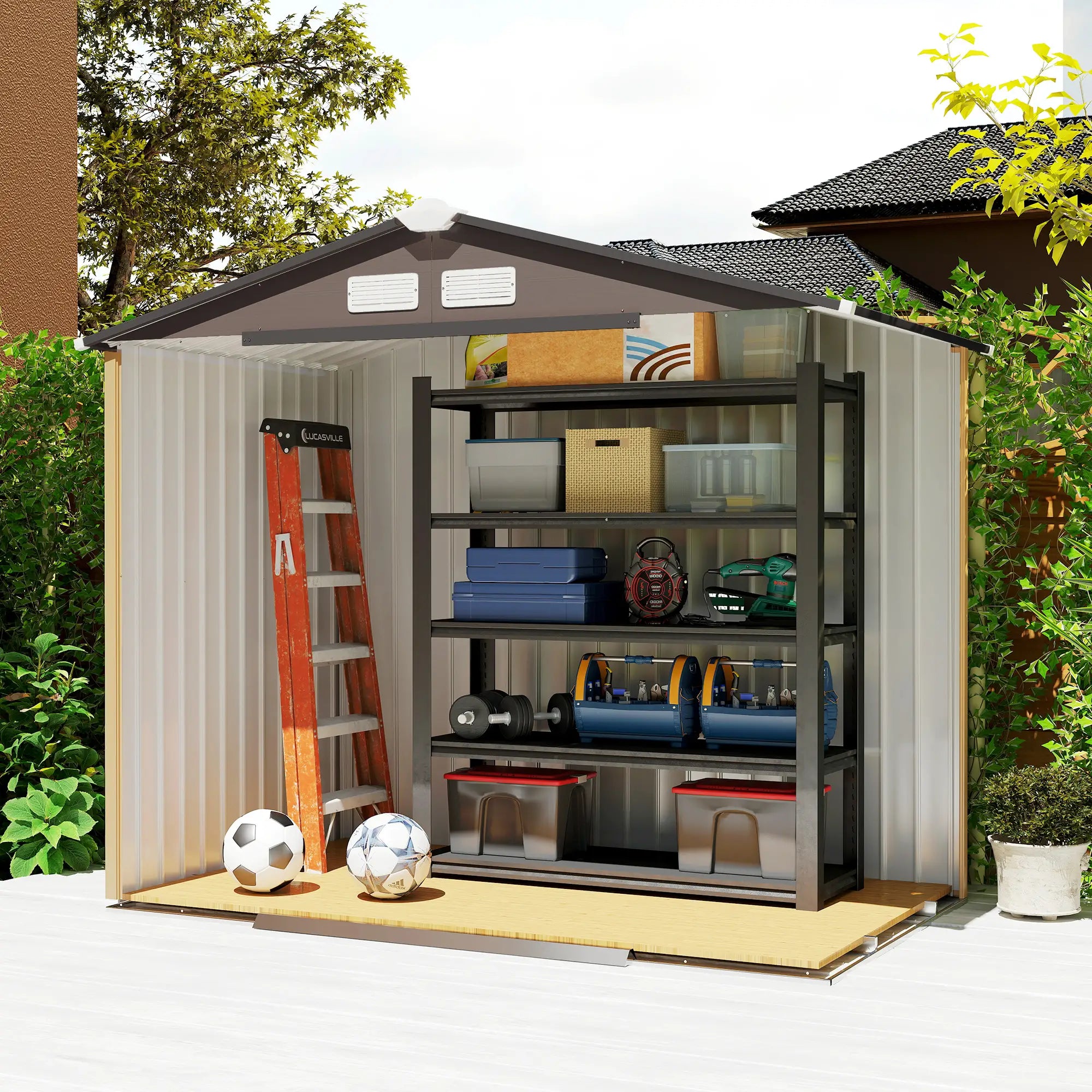 7' x 4' x 6' Garden Storage Shed, Metal, Double Doors, Brown Sheds at Gallery Canada
