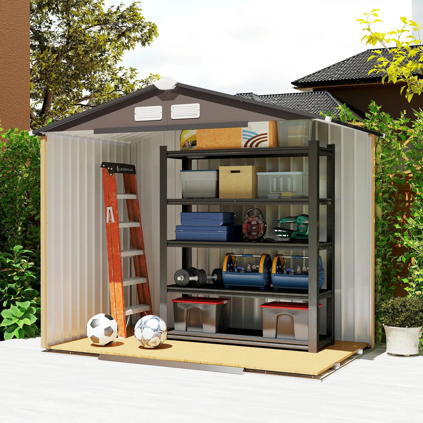 7' x 4' x 6' Garden Storage Shed, Metal, Double Doors, Brown Sheds at Gallery Canada