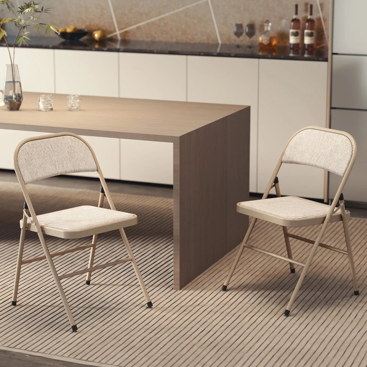 Metal Foldable Chairs, Linen Fabric Padded, Cushion Seat, Open Back, Beige Dining Chairs at Gallery Canada