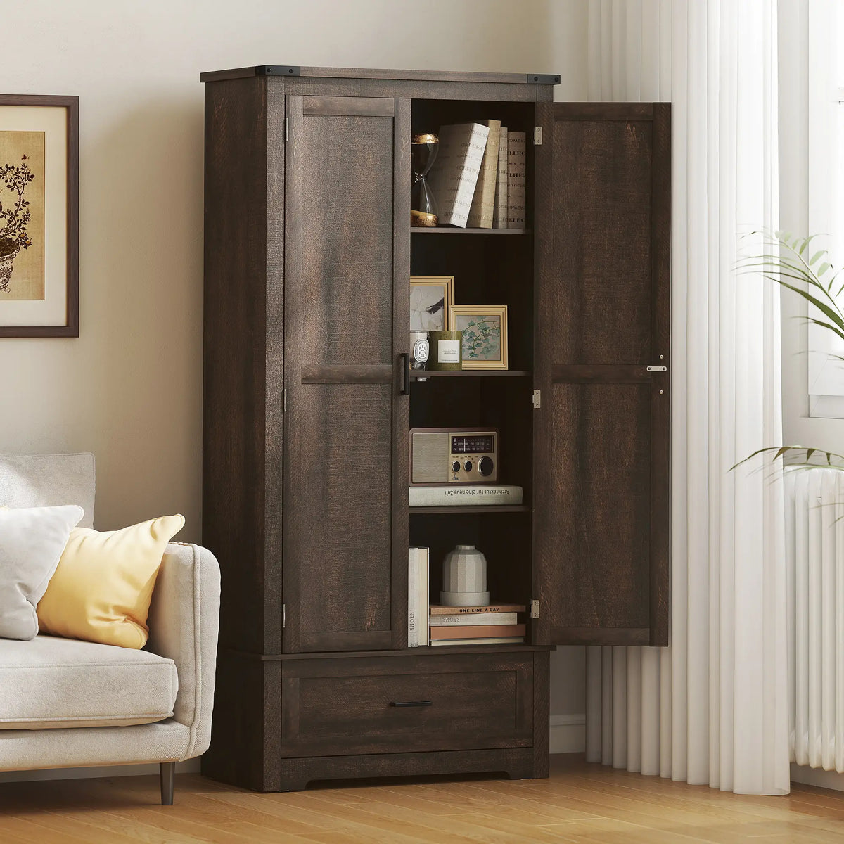69" Tall Kitchen Pantry Cabinet, 2 Doors, Drawer, Adjustable Shelves, Dark Brown Kitchen Pantry Cabinets at Gallery Canada