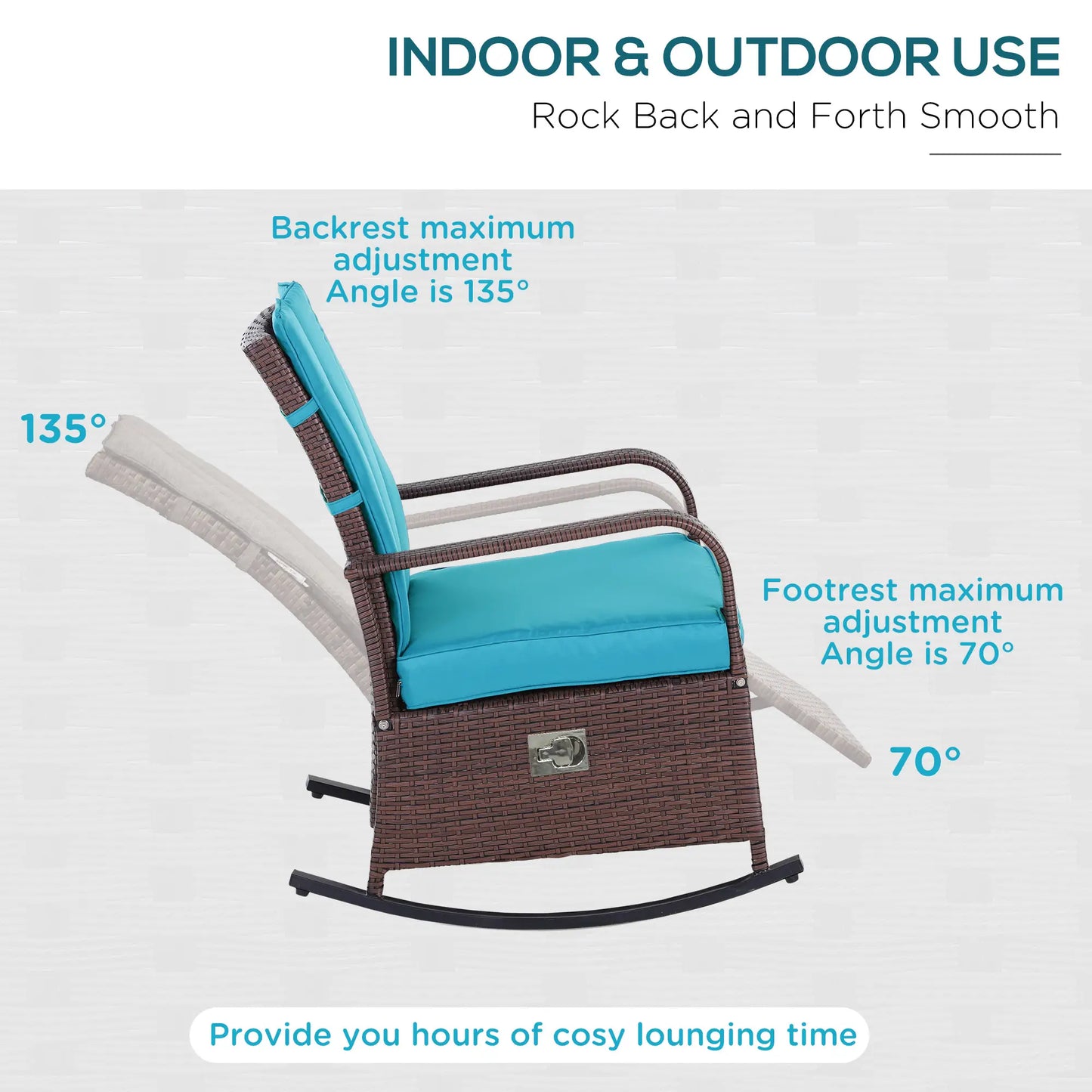 Outdoor Wicker Rocking Chair, PE Rattan Recliner with Cushion, Adjustable Footrest, Turquoise Outdoor Rocking Chairs at Gallery Canada